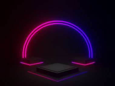 Gradyan neon ışıkları olan 3D siyah geometrik podyum.