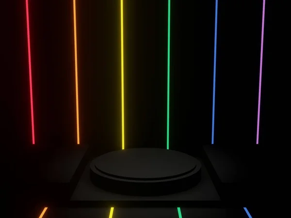 Vykreslený Černý Displej Pódium Lgbtq Duhovými Neonovými Světly — Stock fotografie