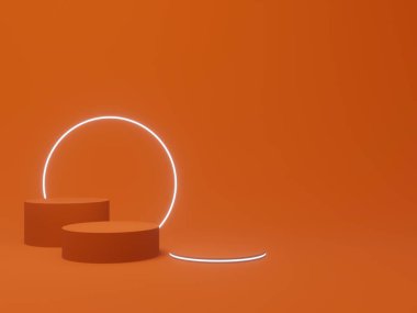 3 boyutlu üretilmiş ürün standı. Beyaz neon ışıklı turuncu podyum.