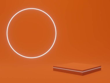 3 boyutlu üretilmiş ürün standı. Beyaz neon ışıklı turuncu podyum.