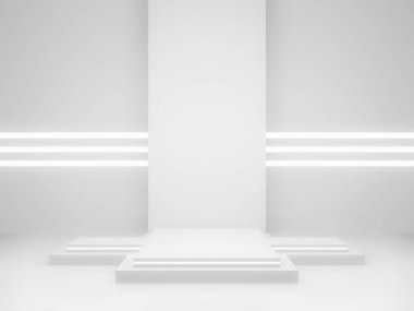 3D render White Sci-Fi ürün görüntüleme modeli. Beyaz neon ışıklı bilimsel podyum.