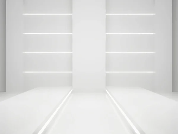 Render Fehér Sci Termék Bemutató Mockup Tudományos Pódium Fehér Neonfényekkel — Stock Fotó