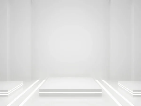 3D render White Sci-Fi ürün görüntüleme modeli. Beyaz neon ışıklı bilimsel podyum.