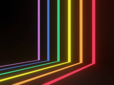 LGBTQ gökkuşağı neon ışıkları ile 3D oluşturulmuş siyah geometrik arkaplan.
