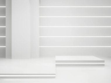 3D render White Sci-Fi ürün görüntüleme modeli. Beyaz neon ışıklı bilimsel podyum.