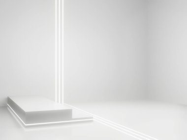 3D render White Sci-Fi ürün görüntüleme modeli. Beyaz neon ışıklı bilimsel podyum.
