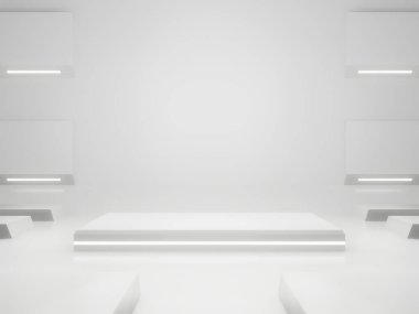 3D render White Sci-Fi ürün görüntüleme modeli. Beyaz neon ışıklı bilimsel podyum.