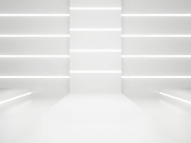 3D render White Sci-Fi ürün görüntüleme modeli. Beyaz neon ışıklı bilimsel podyum.