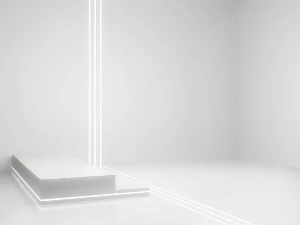 3DレンダリングホワイトSci Fi製品の表示モックアップ 白いネオンライトと科学的な表彰台 — ストック写真