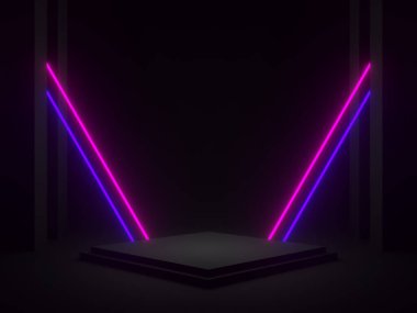Mavi ve mor neon ışıklı 3D siyah geometrik podyum.