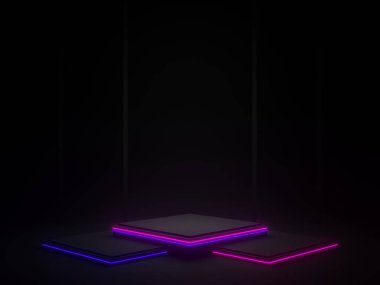 Mavi ve mor neon ışıklı 3D siyah geometrik podyum.