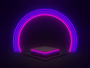 Mavi ve mor neon ışıklı 3D siyah geometrik podyum.