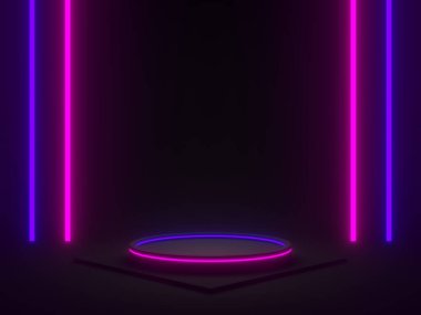 Mavi ve mor neon ışıklı 3D siyah geometrik podyum.