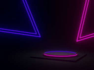 Mavi ve mor neon ışıklı 3D siyah geometrik podyum.