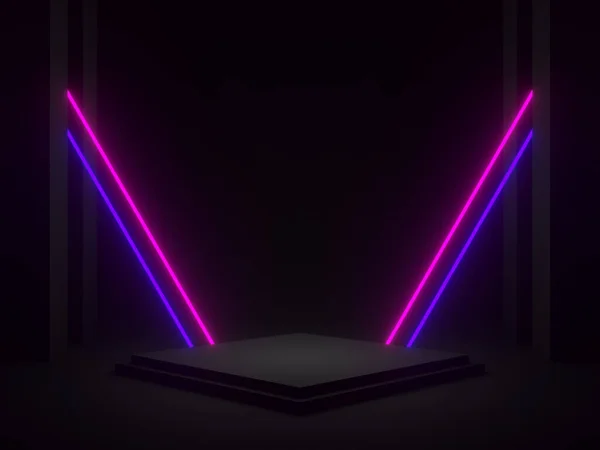 Rendered Black Geometric Podium Blue Purple Neon Lights — ストック写真