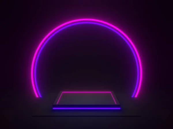 Rendered Black Geometric Podium Blue Purple Neon Lights — Photo