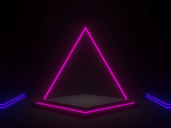 Rendered Black Geometric Podium Blue Purple Neon Lights — Zdjęcie stockowe