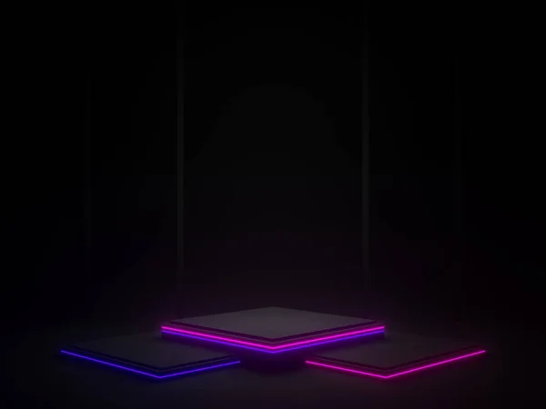 Rendered Black Geometric Podium Blue Purple Neon Lights — ストック写真