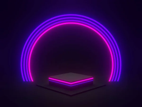 Zwart Geometrische Podium Met Blauwe Paarse Neon Lichten — Stockfoto