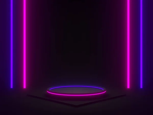 Візуалізований Чорний Геометричний Подіум Синіми Фіолетовими Неоновими Вогнями — стокове фото