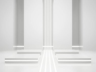 3D render White Sci-Fi ürün görüntüleme modeli. Beyaz neon ışıklı bilimsel podyum.