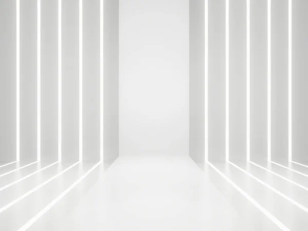 3D render White Sci-Fi ürün görüntüleme modeli. Beyaz neon ışıklı bilimsel podyum.