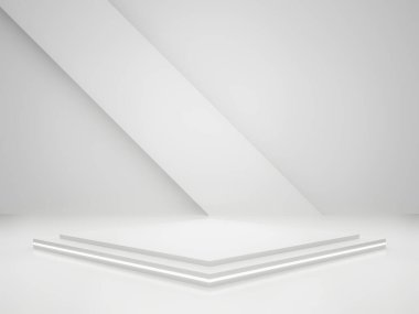 3D render White Sci-Fi ürün görüntüleme modeli. Beyaz neon ışıklı bilimsel podyum.