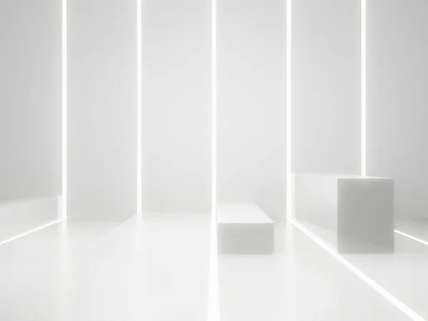 3D render White Sci-Fi product display mockup. Scientific podium with white neon lights.