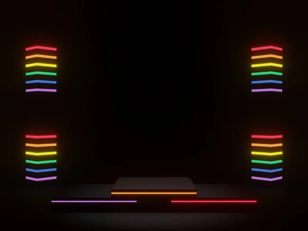 3D rendered black geometric background with LGBTQ rainbow neon lights.