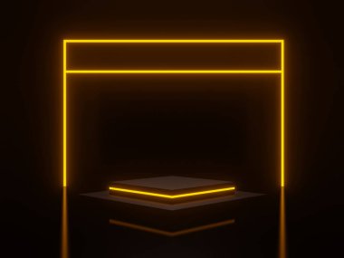3D, sarı neon ışıklı siyah geometrik podyum.