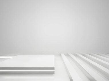 3D render White Sci-Fi product display background. Scientific podium with white neon lights.