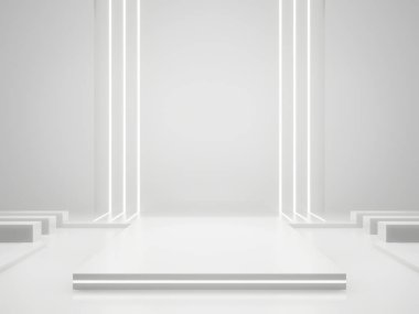 3D render White Sci-Fi product display background. Scientific podium with white neon lights.