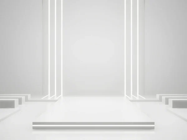 3D render White Sci-Fi product display background. Scientific podium with white neon lights.