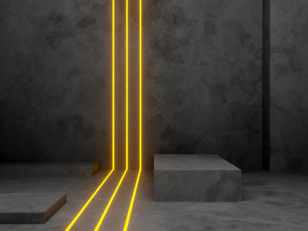 3D render cement wall with neon lights.