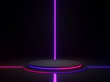 Mavi ve mor neon ışıklı 3D siyah geometrik podyum.