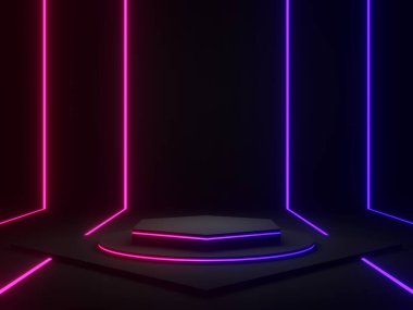 Mavi ve mor neon ışıklı 3D siyah geometrik podyum.