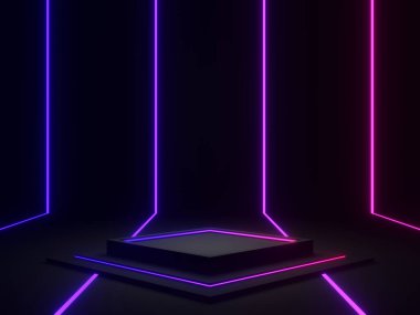 Mavi ve mor neon ışıklı 3D siyah geometrik podyum.