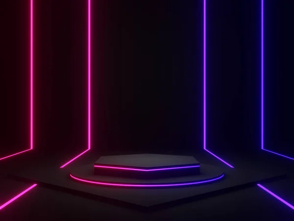 Rendered Black Geometric Podium Blue Purple Neon Lights — Fotografia de Stock