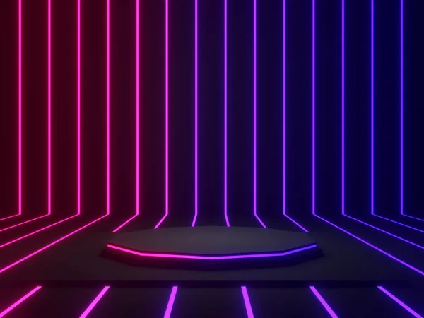 Rendered Black Geometric Podium Blue Purple Neon Lights — Zdjęcie stockowe