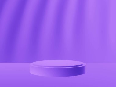 3D rendered purple podium with wavy wall background.