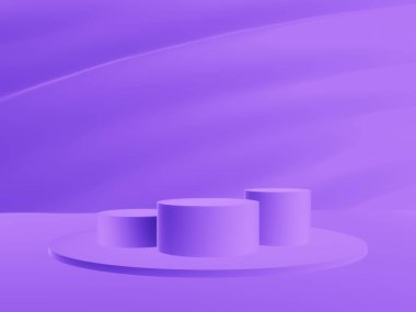 3D rendered purple podium with wavy wall background.