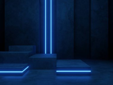 3D render cement background with blue neon light.