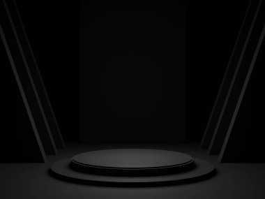 3D rendered Black podium. Dark geometric background.