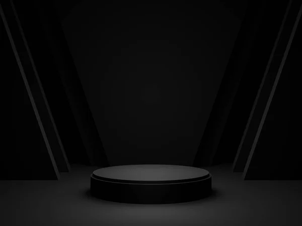 3D rendered Black podium. Dark geometric background.