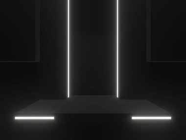 3D render black shelf with white neon lights.