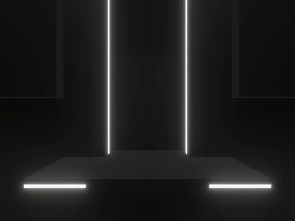 3D render black shelf with white neon lights.