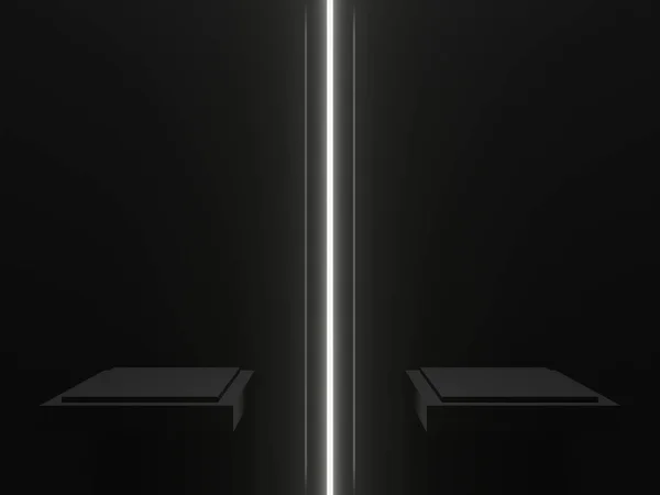 3D render black shelf with white neon lights.