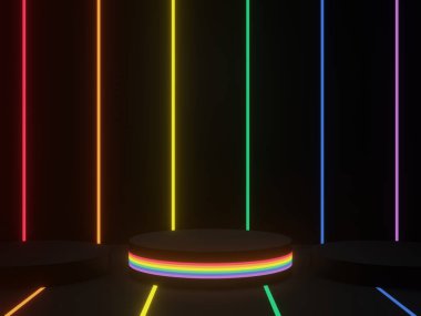 LGBTQ gökkuşağı neon ışıkları ile 3D oluşturulmuş siyah geometrik arkaplan.