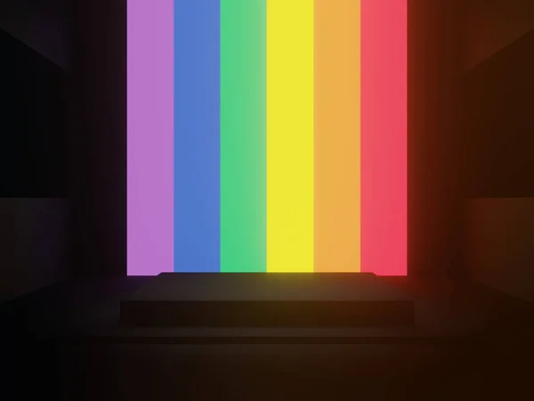 3D rendered black geometric background with LGBTQ rainbow neon lights.