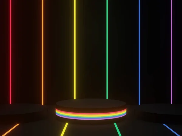 3D rendered black geometric background with LGBTQ rainbow neon lights.